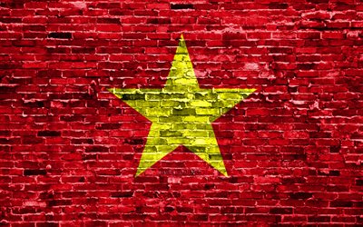 4k, الفيتنامية العلم, الطوب الملمس, آسيا, الرموز الوطنية, العلم من فيتنام, brickwall, فيتنام 3D العلم, البلدان الآسيوية, فيتنام