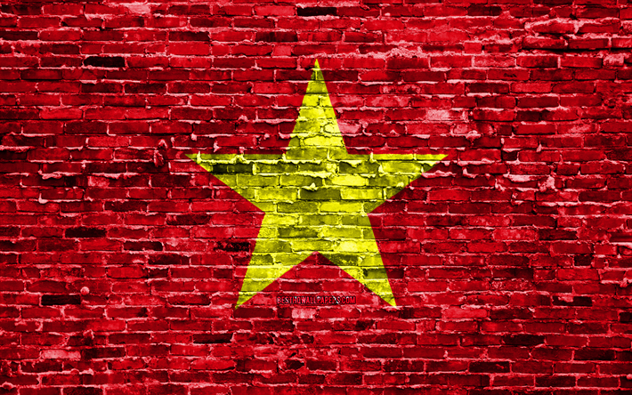 4k, Vietnam bayrağı, tuğla doku, Asya, ulusal semboller, Vietnam Bayrağı, brickwall, Vietnam 3D bayrak, Asya &#252;lkeleri, Vietnam
