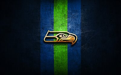 Seattle Seahawks, golden logo, NFL, blue metal background, american football club, Seattle Seahawks logo, american football, USA