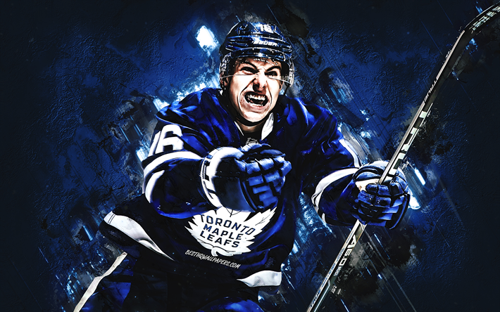 Mitchell Marner, Toronto Maple Leafs, portrait, Canadian hockey player, striker, NHL, USA, Mitch Marner, blue creative background, hockey