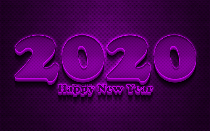 2020 violet 3D chiffres, grunge, Heureux Nouvel An 2020, violet m&#233;tal, fond, horizon 2020 neon art, 2020 concepts, violet neon chiffres, 2020 sur fond violet, l&#39;an 2020 chiffres