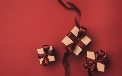 geschenke-boxen, romantische geschenke, rote seide b&#246;gen, roter hintergrund, dunkel, rotes seidenband