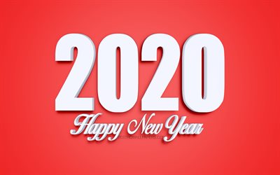 2020 roter hintergrund, 2020 jahr konzepte, rot-2020 kunst, kreative hintergrund, 2020, white 3d buchstaben, 2020-konzepte