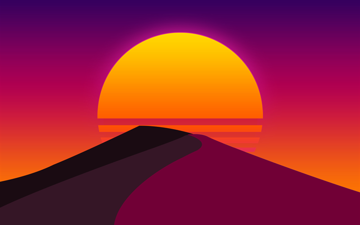 4k, tramonto, viola montagne, creativo, sole, paesaggi astratti, minimal, montagne