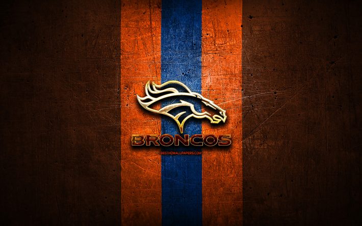 Denver Broncos, kultainen logo, NFL, oranssi metalli tausta, american football club, Denver Broncos logo, amerikkalainen jalkapallo, USA