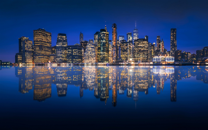 New York, Manhattan, skyskrapor, stadsbilden, kv&#228;ll, sunset, New York panorama, New York skyline, USA