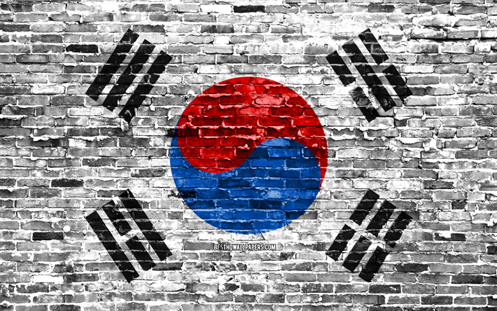 4k, Etel&#228;-Korean lippu, tiilet rakenne, Aasiassa, kansalliset symbolit, Lipun Etel&#228;-Korea, brickwall, Etel&#228;-Korea 3D flag, Aasian maissa, Etel&#228;-Korea
