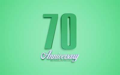 70th Anniversary sign, 3d anniversary symbols, green 3d digits, 70th Anniversary, green background, 3d creative art, 70 Years Anniversary