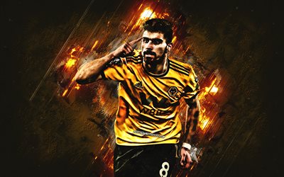 Ruben Neves, Wolverhampton Wanderers FC, portrait, portuguese footballer, midfielder, orange creative background, Premier League, England, football