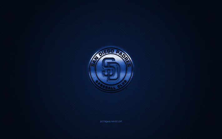 San Diego Padres, American baseball club, MLB, blue logo, blue carbon fiber background, baseball, San Diego, California, USA, Major League Baseball, San Diego Padres Giants logo
