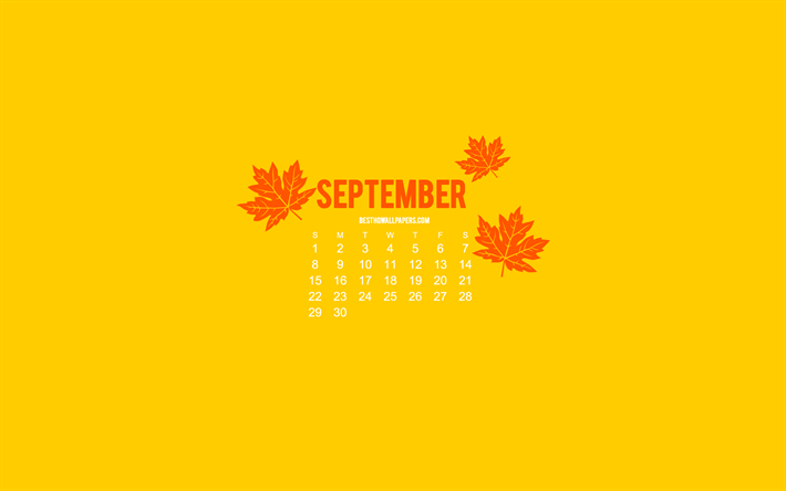 2019 Calendrier septembre, le minimalisme style, fond jaune, automne, 2019 calendriers, Jaune 2019 septembre Calendrier, art cr&#233;atif