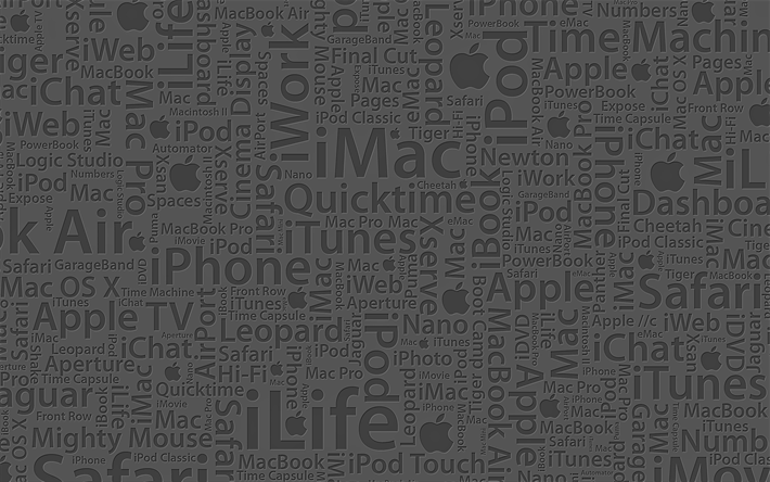 Mac letras de fondo, creativo, arte, fondo con las letras, fondo gris, fondo de pantalla de Apple