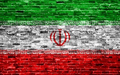 4k, العلم الإيراني, الطوب الملمس, آسيا, الرموز الوطنية, علم إيران, brickwall, إيران 3D العلم, البلدان الآسيوية, إيران