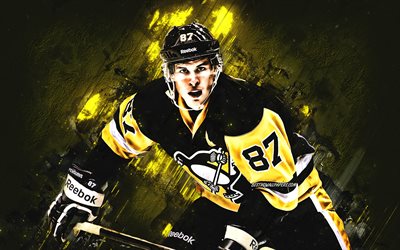 Sidney Crosby, retrato, Pittsburgh Penguins, NHL, Jogador de h&#243;quei canadense, centro frente, EUA, h&#243;quei, criativo fundo amarelo