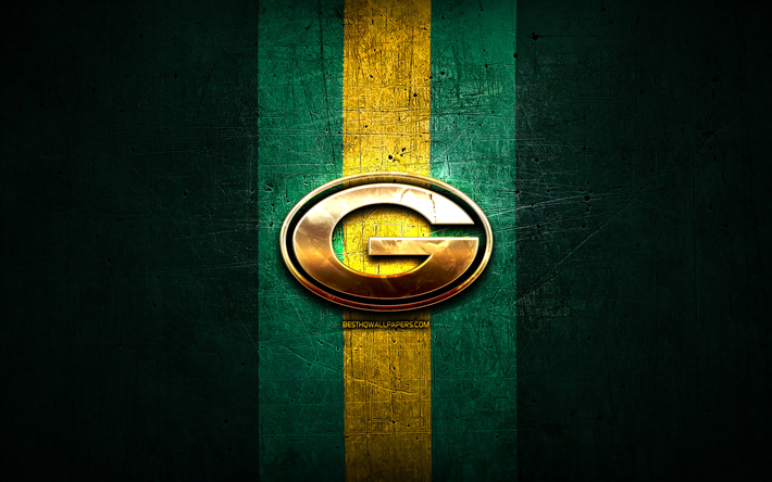 Green Bay Packers, kultainen logo, NFL, vihre&#228; metalli tausta, american football club, Green Bay Packers-logo, amerikkalainen jalkapallo, USA