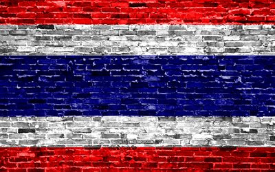 4k, Thai flag, mattoni texture, Asia, simboli nazionali, Bandiera della Thailandia, brickwall, Thailandia 3D, bandiera, asia, Tailandia
