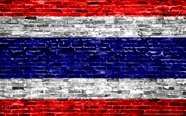 4k, Thai flag, bricks texture, Asia, national symbols, Flag of Thailand, brickwall, Thailand 3D flag, Asian countries, Thailand