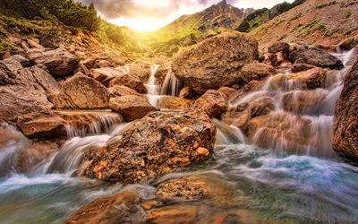 cachoeira, pedras, p&#244;r do sol, rio de montanha, paisagem de montanha, bela cachoeira