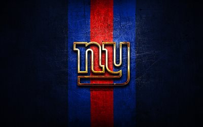 New York Giants, logo dorato, NFL, blu, metallo, sfondo, club di football americano, New York Giants logo, football americano, stati UNITI, NY Giants