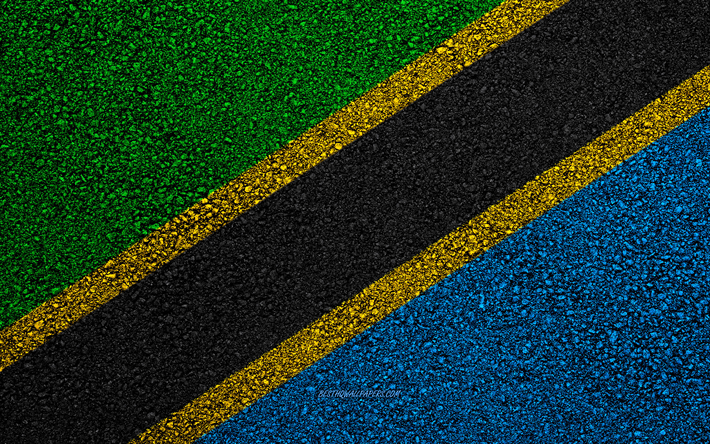 flagge von tansania, asphalt textur, die flagge auf asphalt, tansania flagge, afrika, tansania, flaggen der afrikanischen l&#228;nder