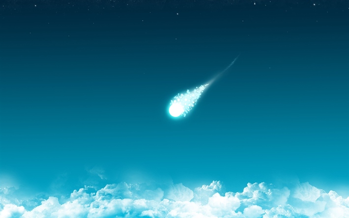 falling comet, blue sky, clouds, blue comet, minimal, artwork, comets