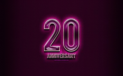 20th anniversary, glass signs, purple grunge background, 20 Years Anniversary, anniversary concepts, creative, Glass 20 anniversary sign