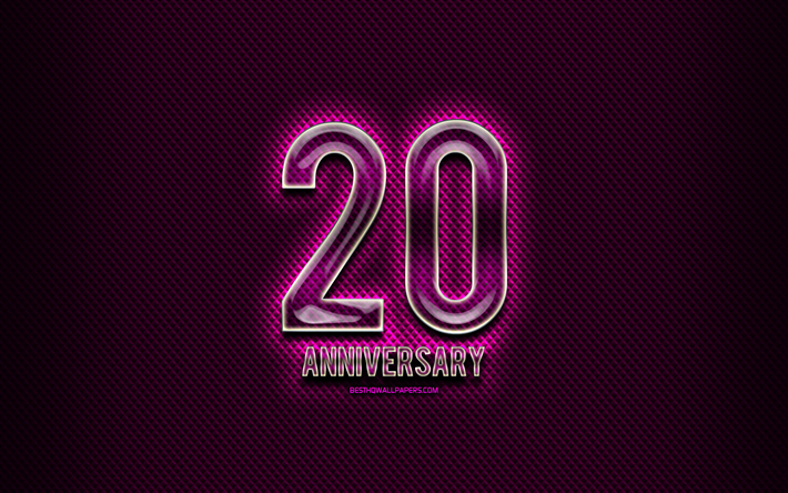 20周年記念, ガラス看板, 紫のグランジの背景, 周年記念の概念, 創造, ガラスの20周年記念サイン