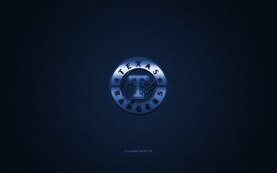 テキサスレンジャー, アメリカ野球クラブ, MLB, 青色のロゴ, ブルーカーボンファイバの背景, 野球, アーリントン, テキサス州, 米国, メジャーリーグベースボール, テキサス-レンジャーズ-ロゴ