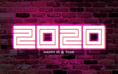 2020 pink neon digits, 4k, Happy New Year 2020, pink brickwall, 2020 neon art, 2020 concepts, pink neon digits, 2020 on pink background, 2020 year digits
