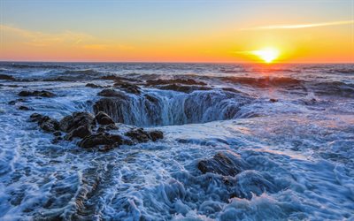 Thors Well, sunset, Pacific Ocean, Cape Perpetua, sea waves, Lincoln County, Oregon, USA, America