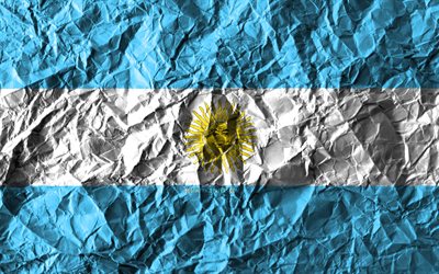 Drapeau argentin, 4k, papier froiss&#233;, pays d&#39;Am&#233;rique du Sud, cr&#233;atif, Drapeau de l&#39;Argentine, les symboles nationaux, Am&#233;rique du Sud, l&#39;Argentine 3D drapeau de l&#39;Argentine