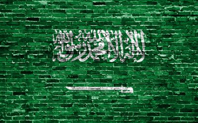 4k, العلم السعودي, الطوب الملمس, آسيا, الرموز الوطنية, علم المملكة العربية السعودية, brickwall, المملكة العربية السعودية 3D العلم, البلدان الآسيوية, المملكة العربية السعودية