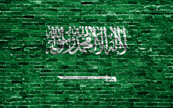 4k, العلم السعودي, الطوب الملمس, آسيا, الرموز الوطنية, علم المملكة العربية السعودية, brickwall, المملكة العربية السعودية 3D العلم, البلدان الآسيوية, المملكة العربية السعودية