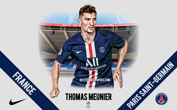 Thomas Meunier, PSG, muotokuva, Belgian jalkapalloilija, puolustaja, Paris Saint-Germain, League 1, Ranska, PSG jalkapalloilijat 2020, jalkapallo, Parc des Princes