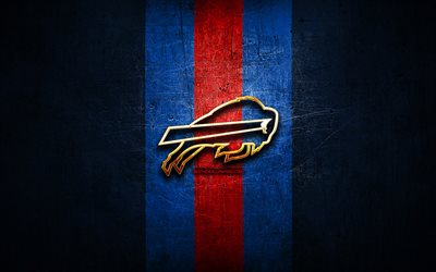 Buffalo Bills, golden logo, NFL, blue metal background, american football club, Buffalo Bills logo, american football, USA