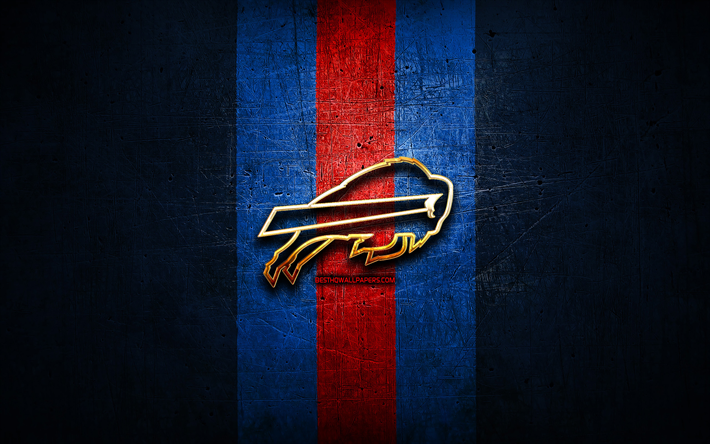 Buffalo Bills, golden logotyp, NFL, bl&#229; metall bakgrund, amerikansk football club, Buffalo Bills logotyp, amerikansk fotboll, USA