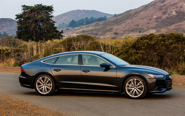 Audi A7 Sportback, 2019, noir coup&#233;, vue de c&#244;t&#233;, &#224; l&#39;ext&#233;rieur, noir nouvelle A7 Sportback, voitures allemandes, Audi