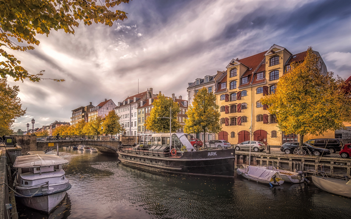 Copenhague, calles, paisaje urbano, barcos, canal, oto&#241;o, Dinamarca