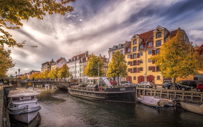 kopenhagen, stra&#223;en, stadtbild, boote, kanal, herbst, d&#228;nemark