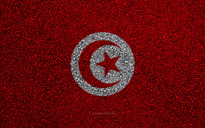 Flag of Tunisia, asphalt texture, flag on asphalt, Tunisia flag, Africa, Tunisia, flags of African countries