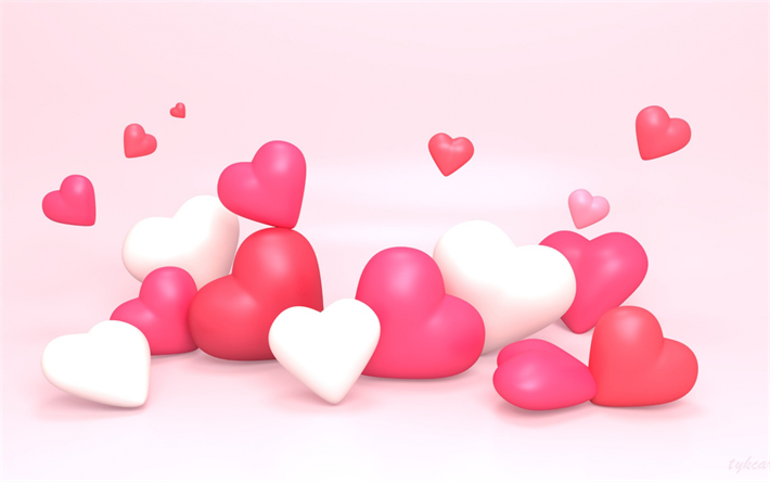 3d coraz&#243;n de color rosa, 3d corazones de fondo, el D&#237;a de san valent&#237;n, 14 de febrero, blanco 3d corazones, rosa rom&#225;ntica de fondo