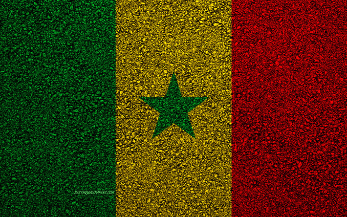 Bandiera del Senegal, asfalto, trama, bandiera su asfalto, bandiera Senegal, in Africa, in Senegal, le bandiere dei paesi Africani