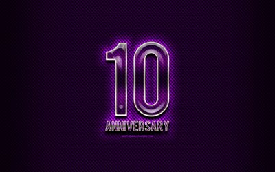 10e anniversaire, panneaux en verre, violet grunge fond, Anniversaire 10 Ans, anniversaire, concepts, créativité, en Verre de 10 signe d'anniversaire