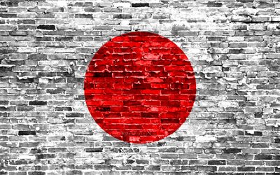 4k, Japanese flag, bricks texture, Asia, national symbols, Flag of Japan, brickwall, Japan 3D flag, Asian countries, Japan