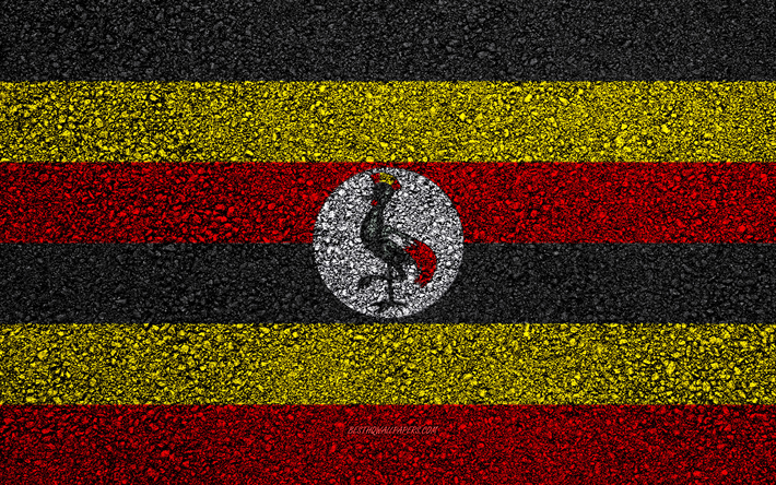 Flag of Uganda, asphalt texture, flag on asphalt, Uganda flag, Africa, Uganda, flags of African countries