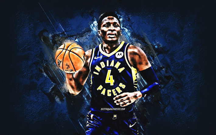 Victor Oladipo, Indiana Pacers, portrait, American basketball player, NBA, USA, blue stone background, creative art, basketball