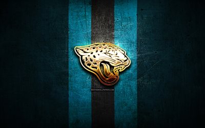 Jaguars de Jacksonville, logo dor&#233;, de la NFL, bleu m&#233;tal, fond, football am&#233;ricain club, Jaguars de Jacksonville logo, football am&#233;ricain, &#233;tats-unis