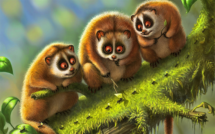 漫画Tarsiers, アリ, 森林, 面白い動物, 3Dアート, tarsiers, Tarsius