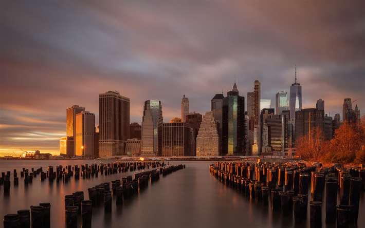 New York, Manhattan, kv&#228;ll, sunset, skyskrapor, World Trade Center 1, New York skyline, USA