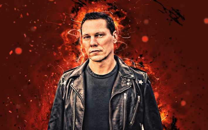 Tiesto, 4k, arancione neon, olandese Dj, star della musica, Tijs Michiel Verwest, DJ Tiesto, superstar, Tiesto 4K